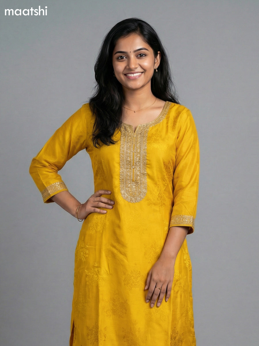 Mustard Yellow and Red Art Tussar  Embroidery Work Straight Suit