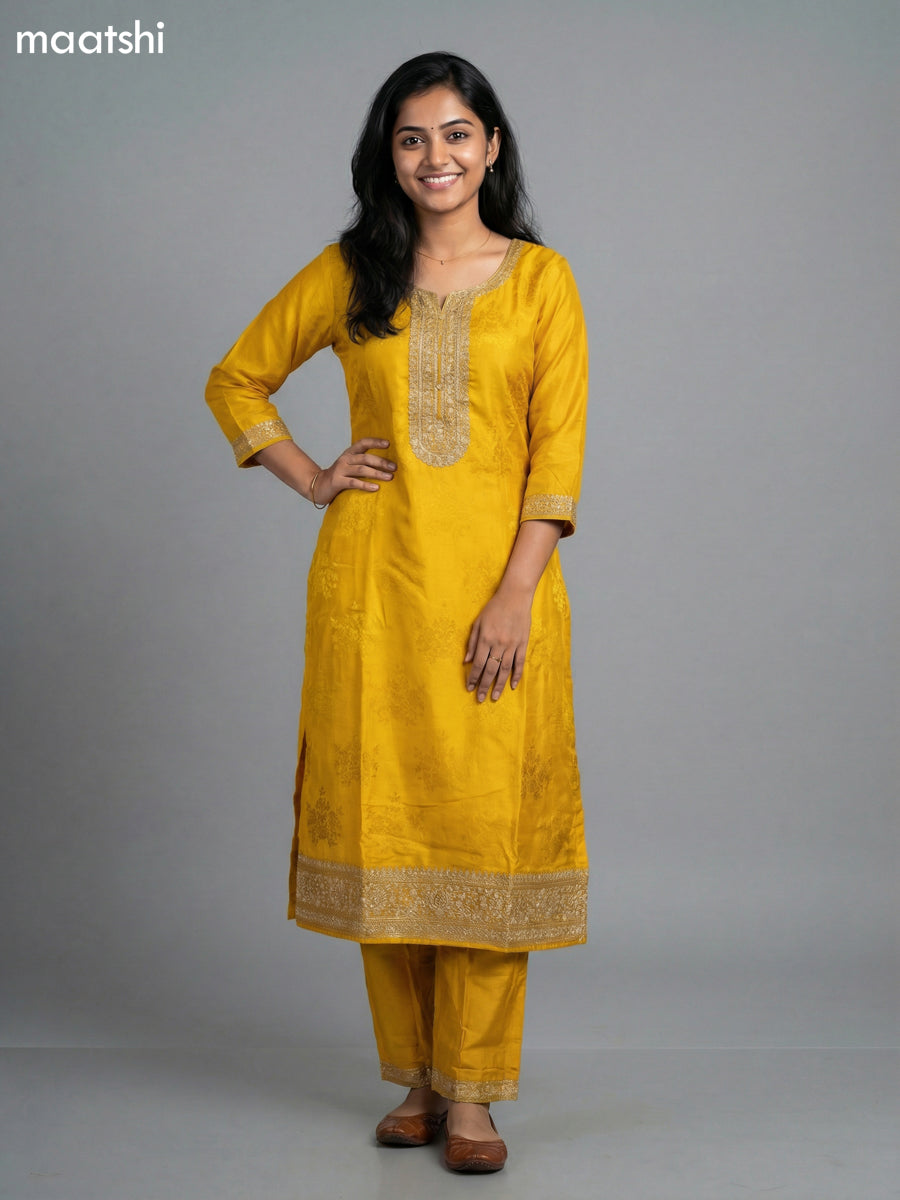 Mustard Yellow and Red Art Tussar  Embroidery Work Straight Suit