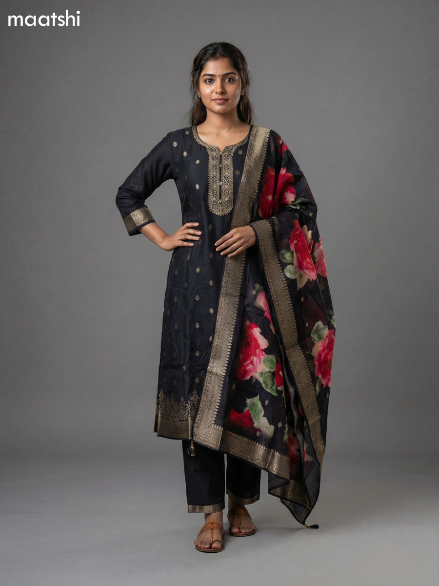 Black and Red  Art Tussar  Embroidery Work Straight Suit