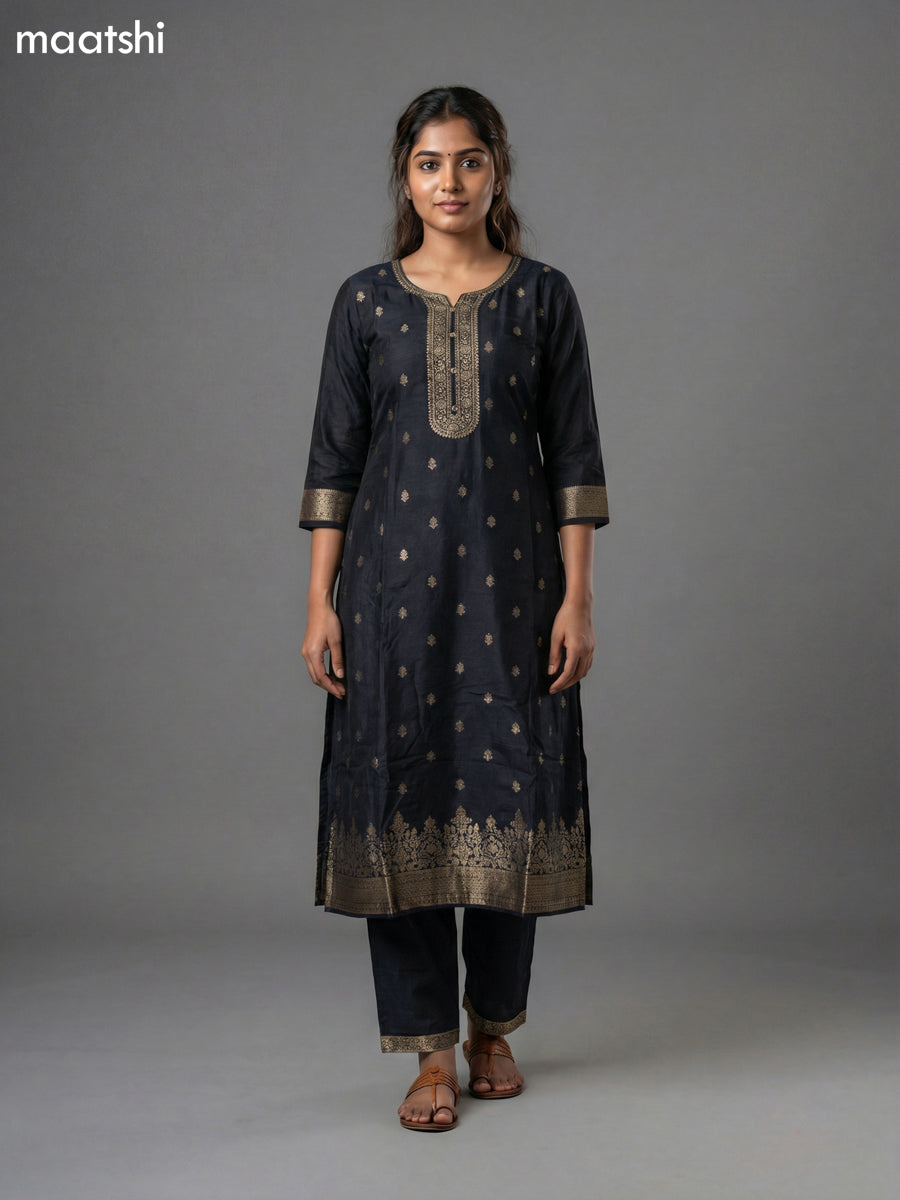 Black and Red  Art Tussar  Embroidery Work Straight Suit