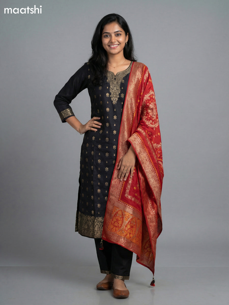 Black and Red Art Tussar Embroidery Work Straight Suit