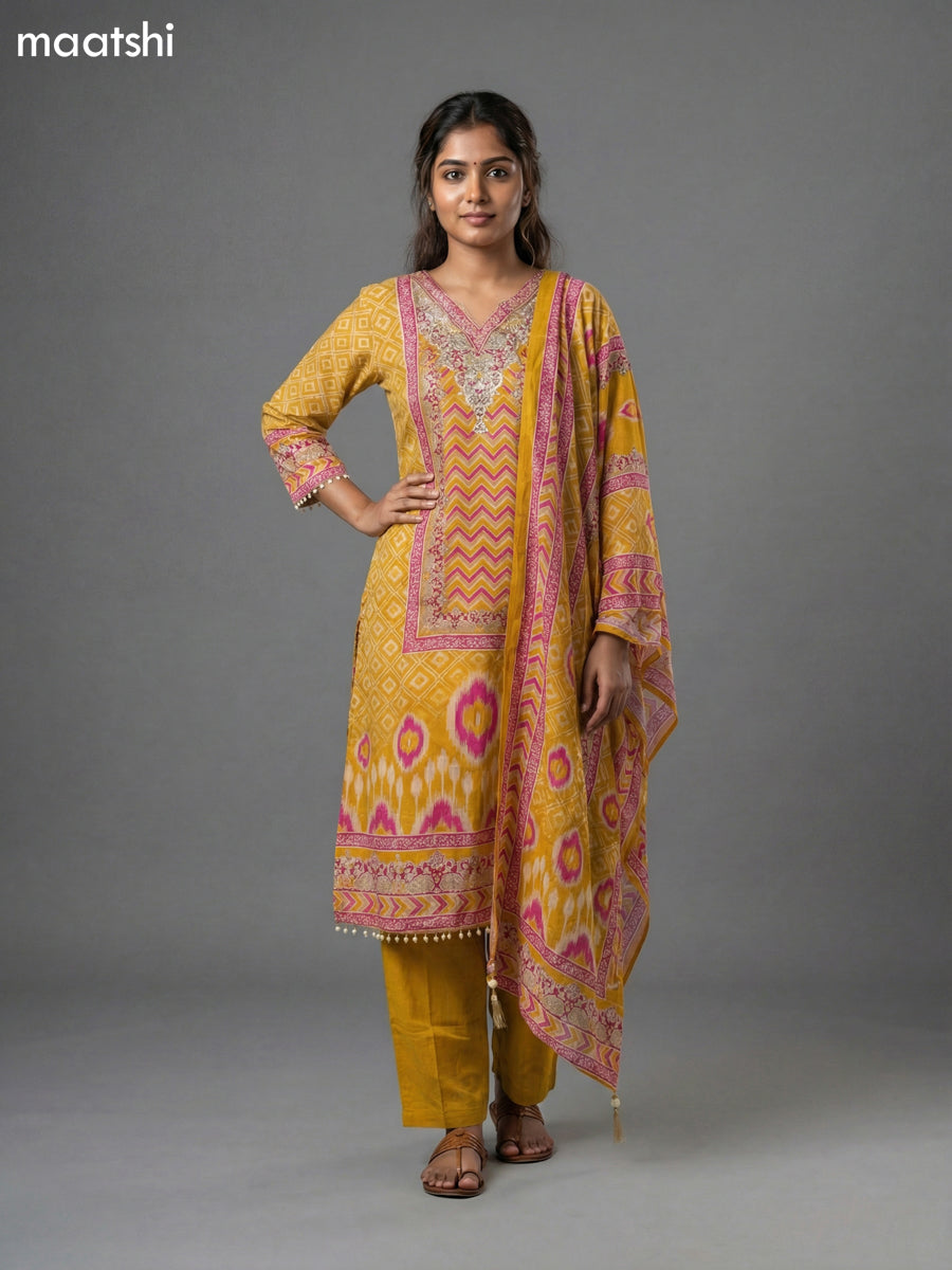 Mustard Yellow and Pink Crepe Silk Printed & Embroidery Work Straight Suit