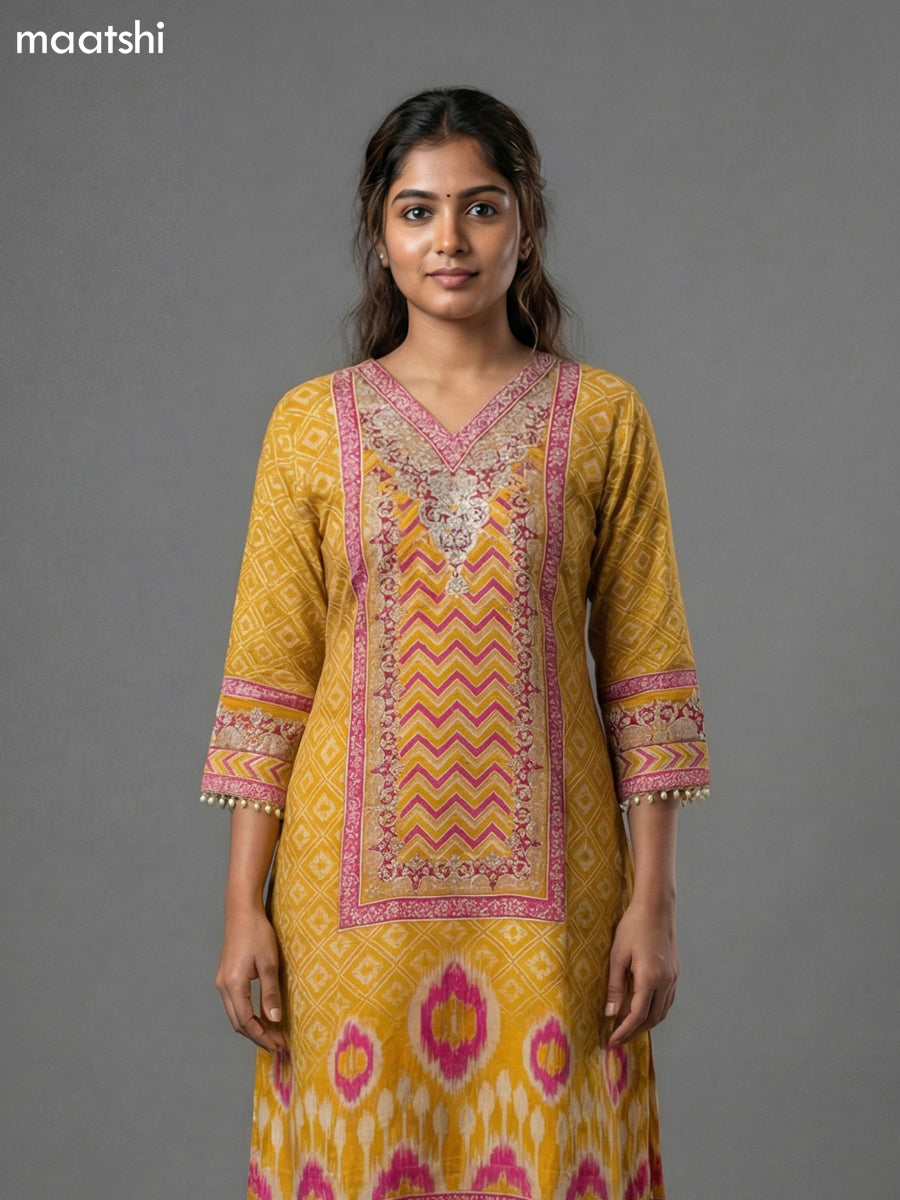 Mustard Yellow and Pink Crepe Silk Printed & Embroidery Work Straight Suit