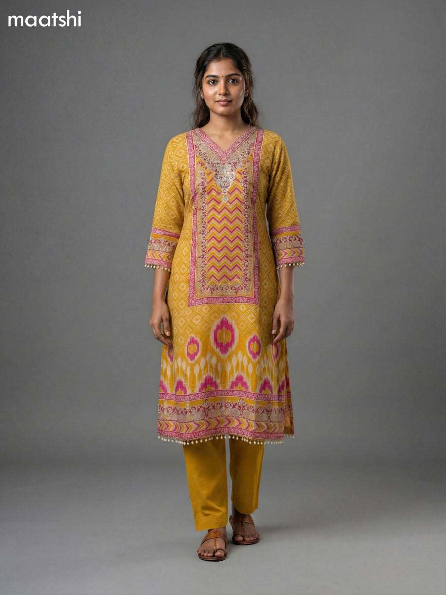 Mustard Yellow and Pink Crepe Silk Printed & Embroidery Work Straight Suit