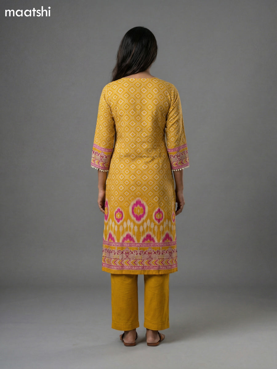 Mustard Yellow and Pink Crepe Silk Printed & Embroidery Work Straight Suit
