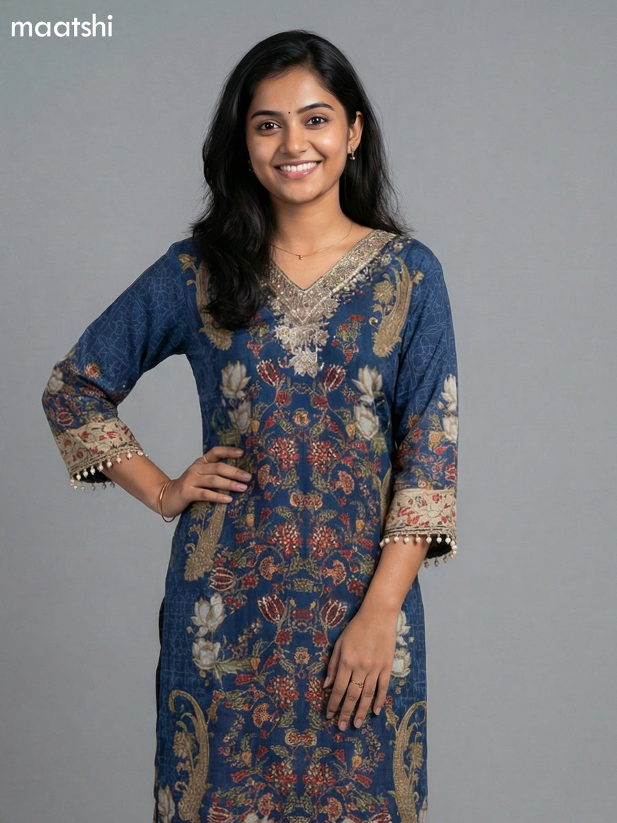 Blue Crepe Silk Kalamkari Printed & Embroidery Work Straight Suit