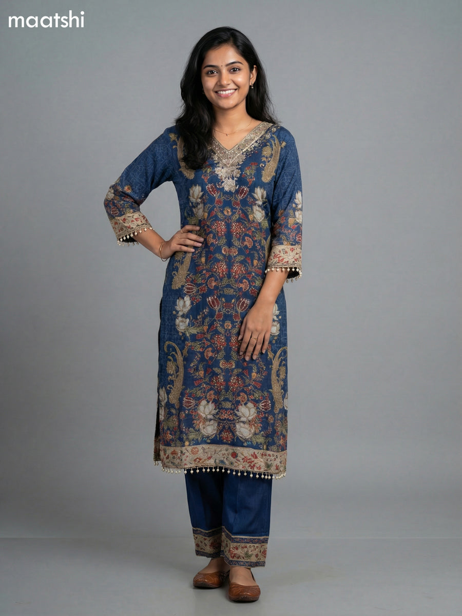 Blue Crepe Silk Kalamkari Printed & Embroidery Work Straight Suit