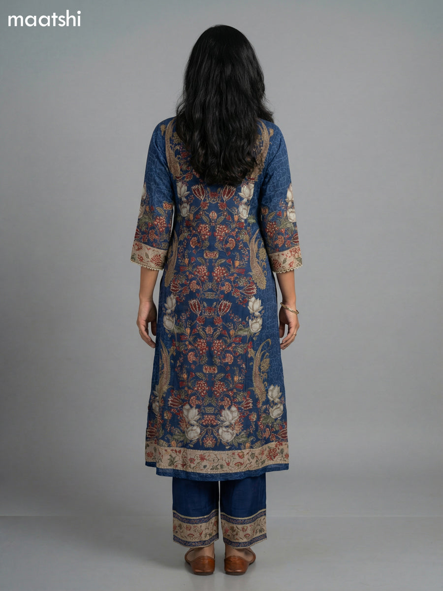 Blue Crepe Silk Kalamkari Printed & Embroidery Work Straight Suit