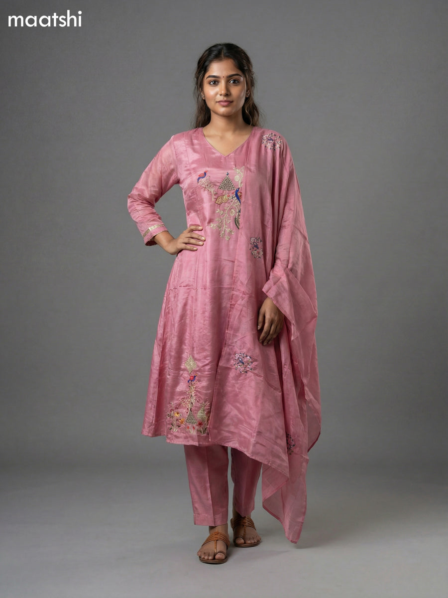 Peach Pink Crepe Silk Embroidery Work Straight Suit