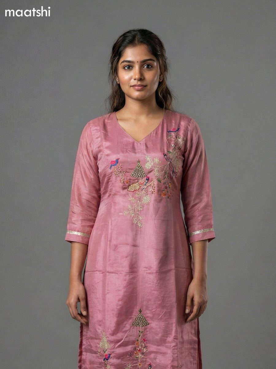 Peach Pink Crepe Silk Embroidery Work Straight Suit