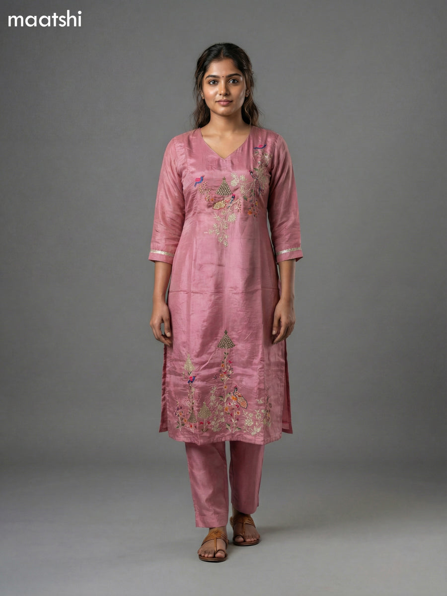 Peach Pink Crepe Silk Embroidery Work Straight Suit