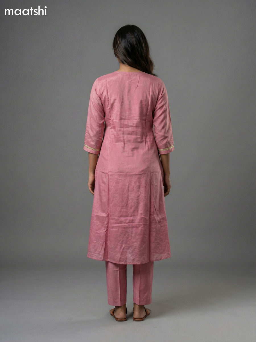 Peach Pink Crepe Silk Embroidery Work Straight Suit