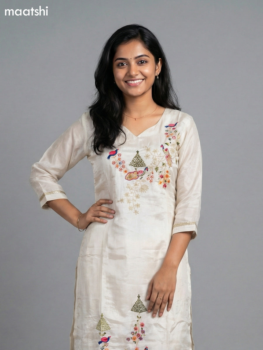 Cream Crepe Silk Embroidery Work Straight Suit