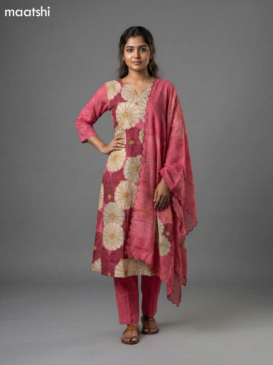 Reddish Pink Art Tussar Kantha Stitch Work Straight Suit