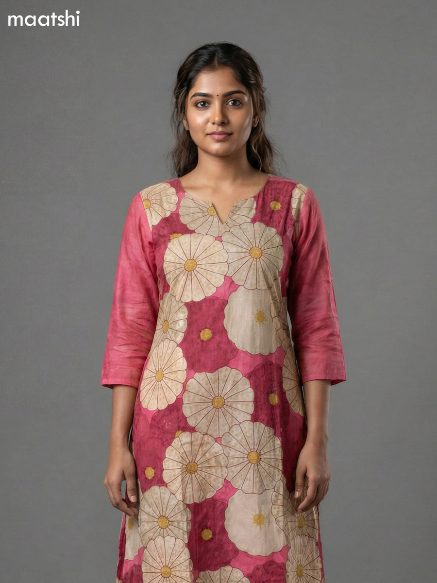 Reddish Pink Art Tussar Kantha Stitch Work Straight Suit