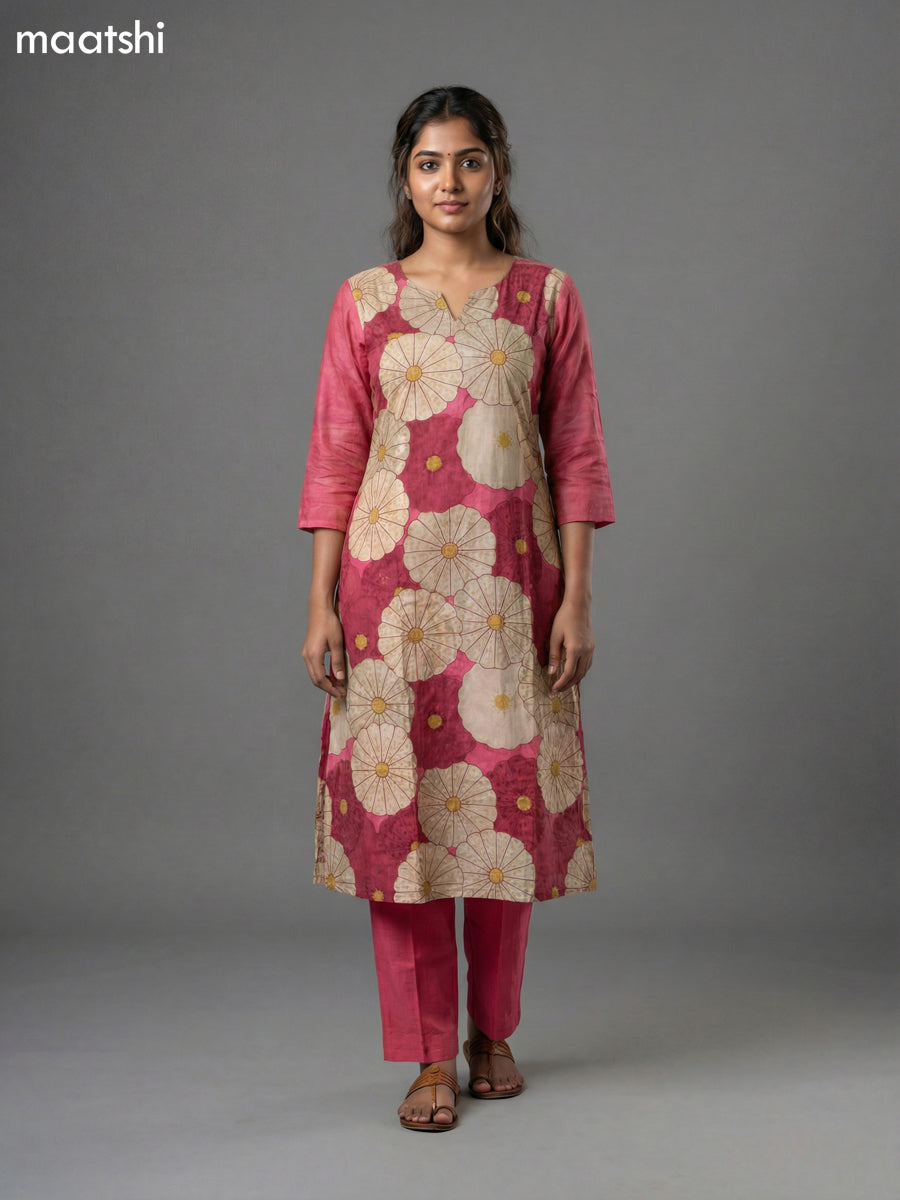 Reddish Pink Art Tussar Kantha Stitch Work Straight Suit