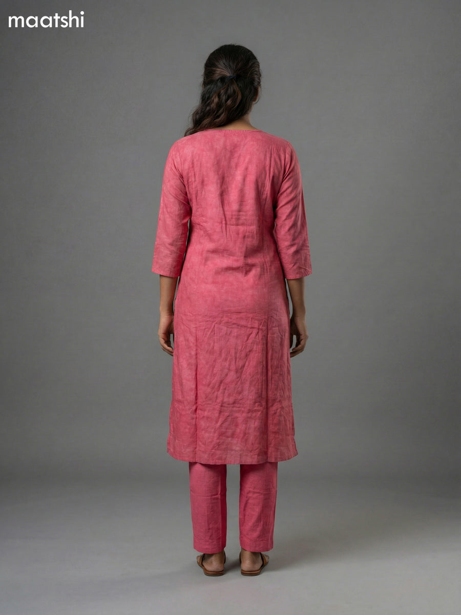 Reddish Pink Art Tussar Kantha Stitch Work Straight Suit