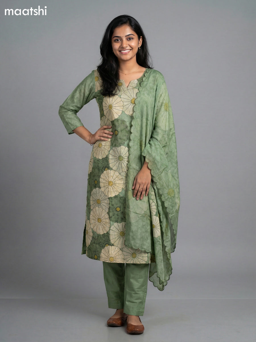 Pastel Green Art Tussar Floral Printed & Kantha Stitch Work Straight Suit