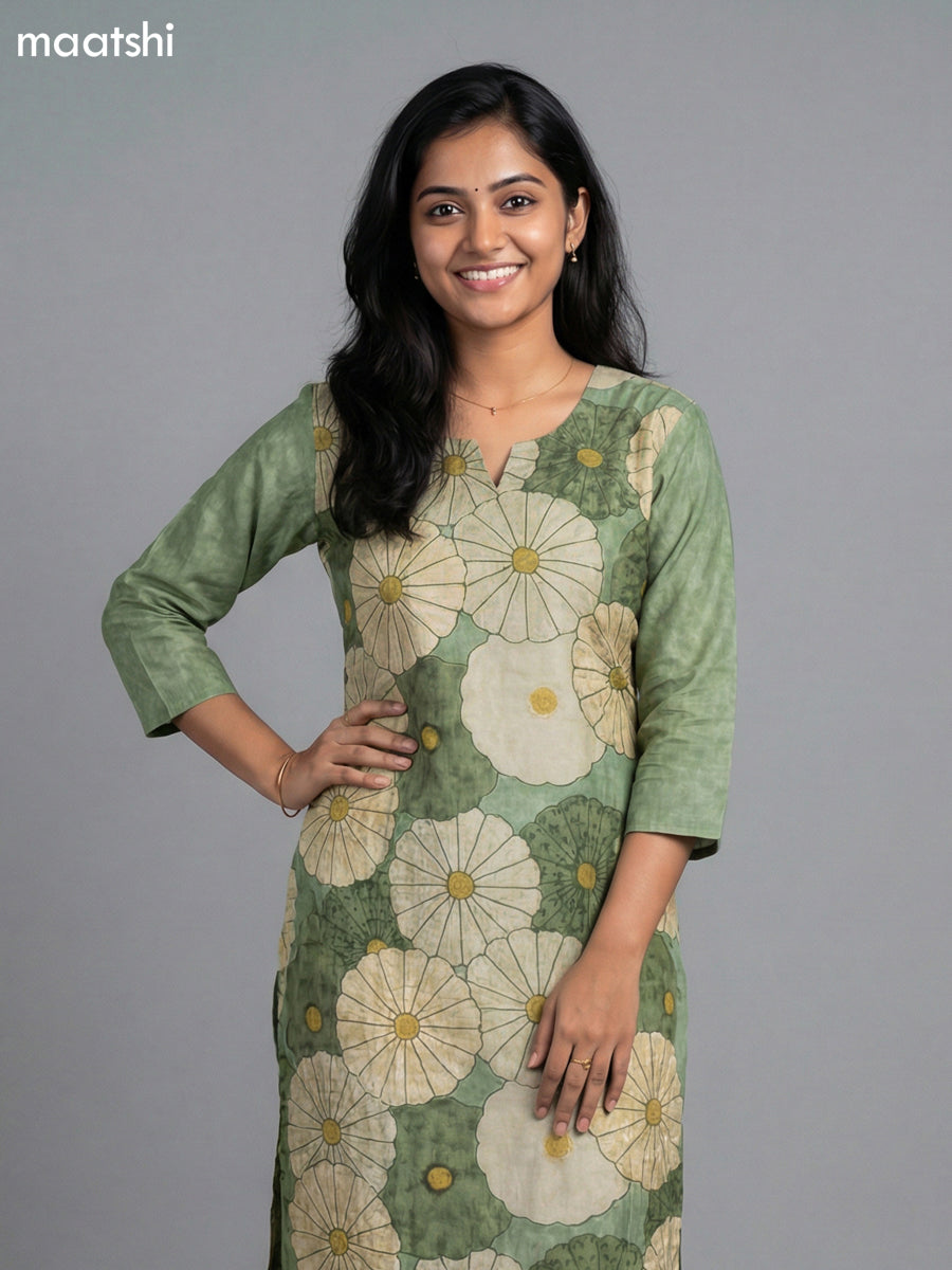 Pastel Green Art Tussar Floral Printed & Kantha Stitch Work Straight Suit