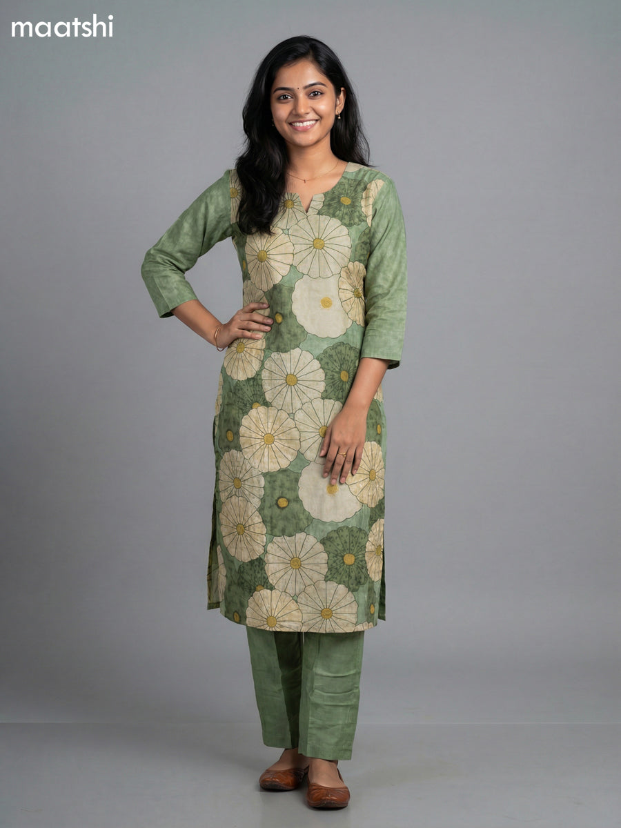 Pastel Green Art Tussar Floral Printed & Kantha Stitch Work Straight Suit