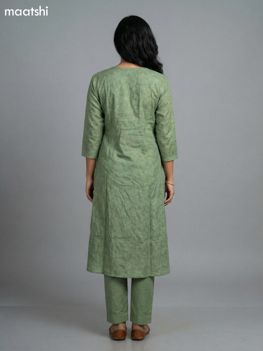 Pastel Green Art Tussar Floral Printed & Kantha Stitch Work Straight Suit