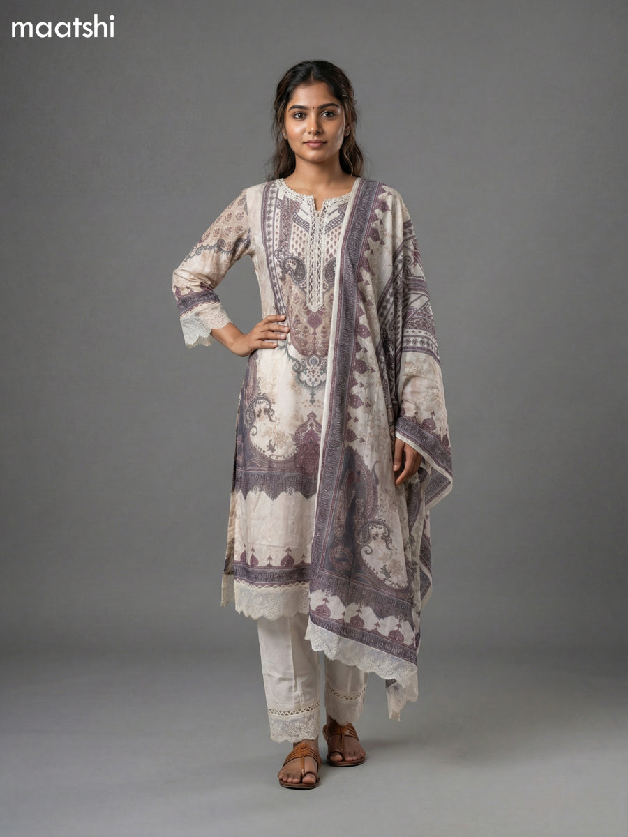 Cream Muslin Printed Straight Suit