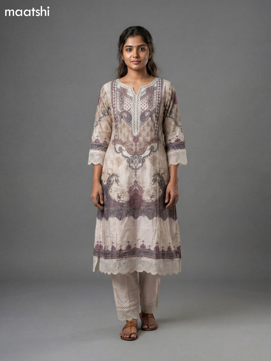 Cream Muslin Printed Straight Suit
