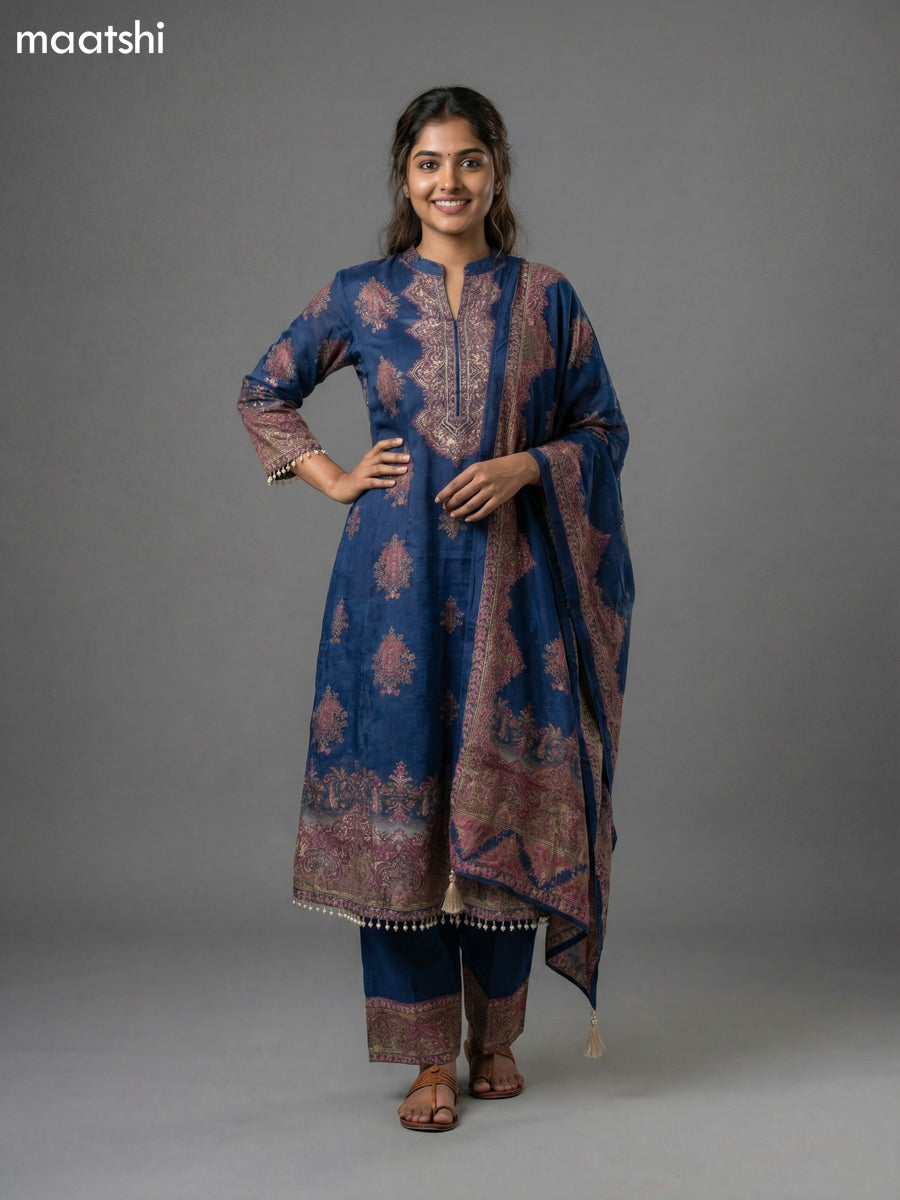 Blue and Pink Crepe Silk Printed & Embroidery Work Straight Suit