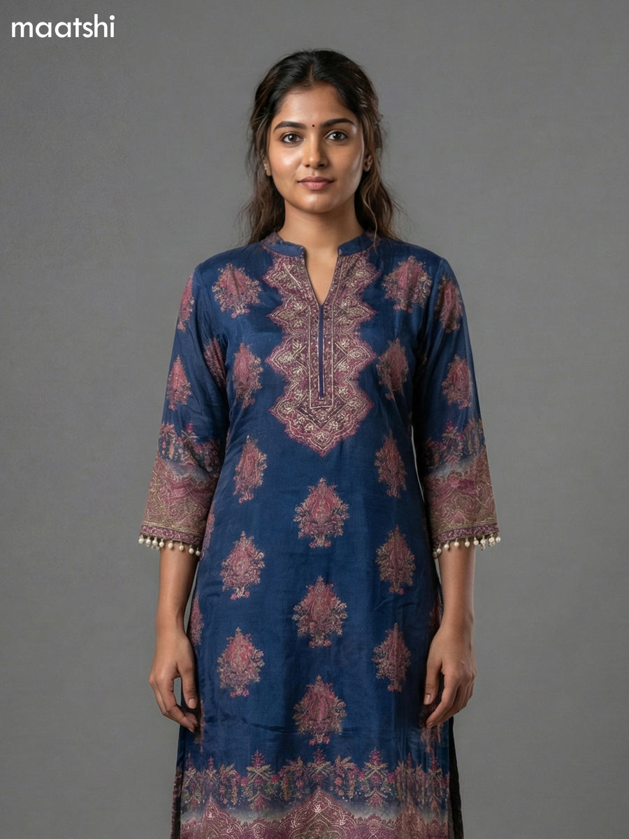 Blue and Pink Crepe Silk Printed & Embroidery Work Straight Suit