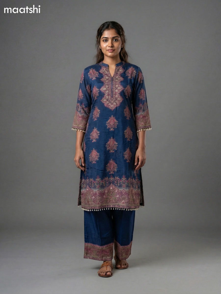 Blue and Pink Crepe Silk Printed & Embroidery Work Straight Suit
