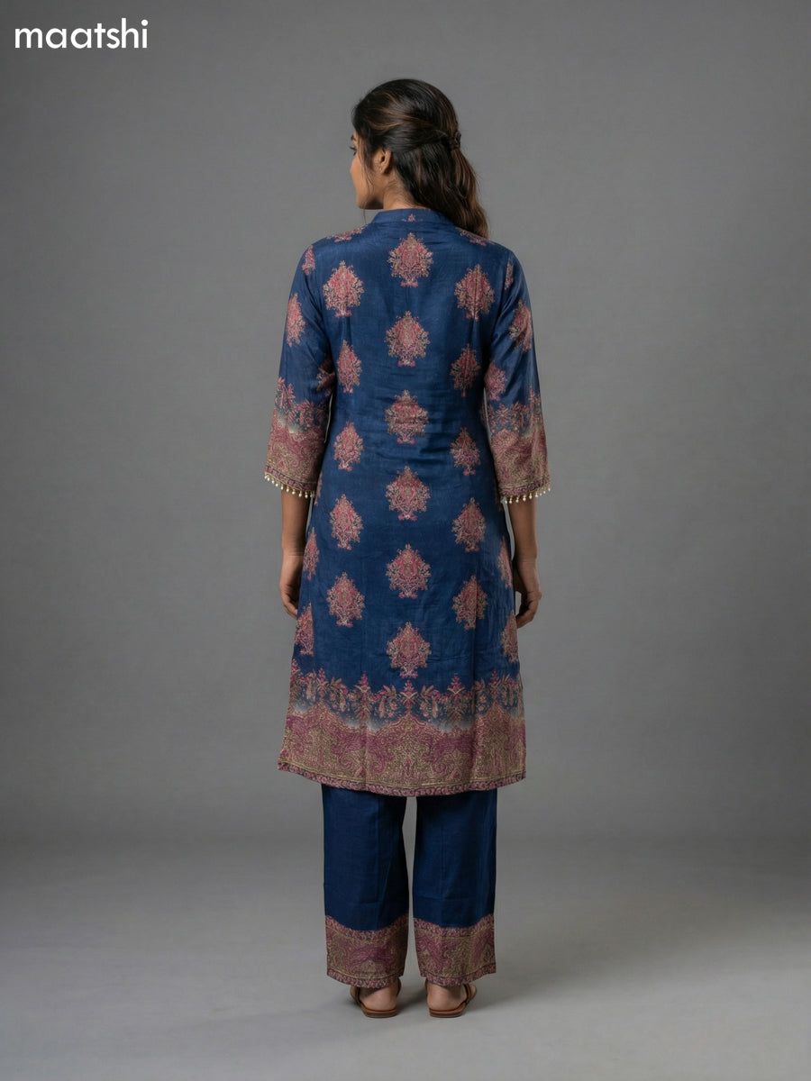 Blue and Pink Crepe Silk Printed & Embroidery Work Straight Suit