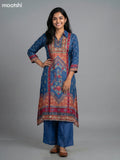 Blue Crepe Slik Floral Printed Kurti Set Semi Palazzo Pant