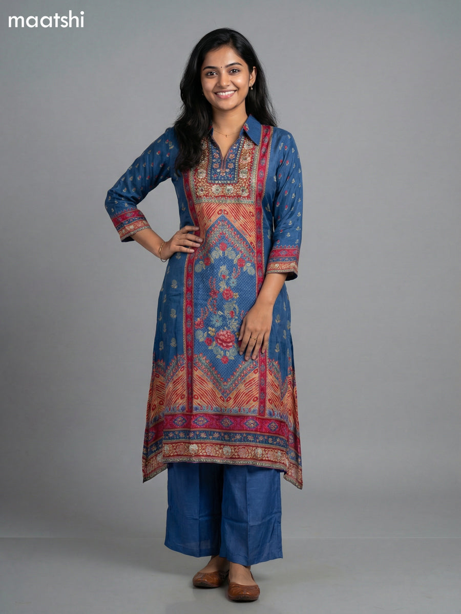 Blue Crepe Slik Floral Printed Kurti Set Semi Palazzo Pant