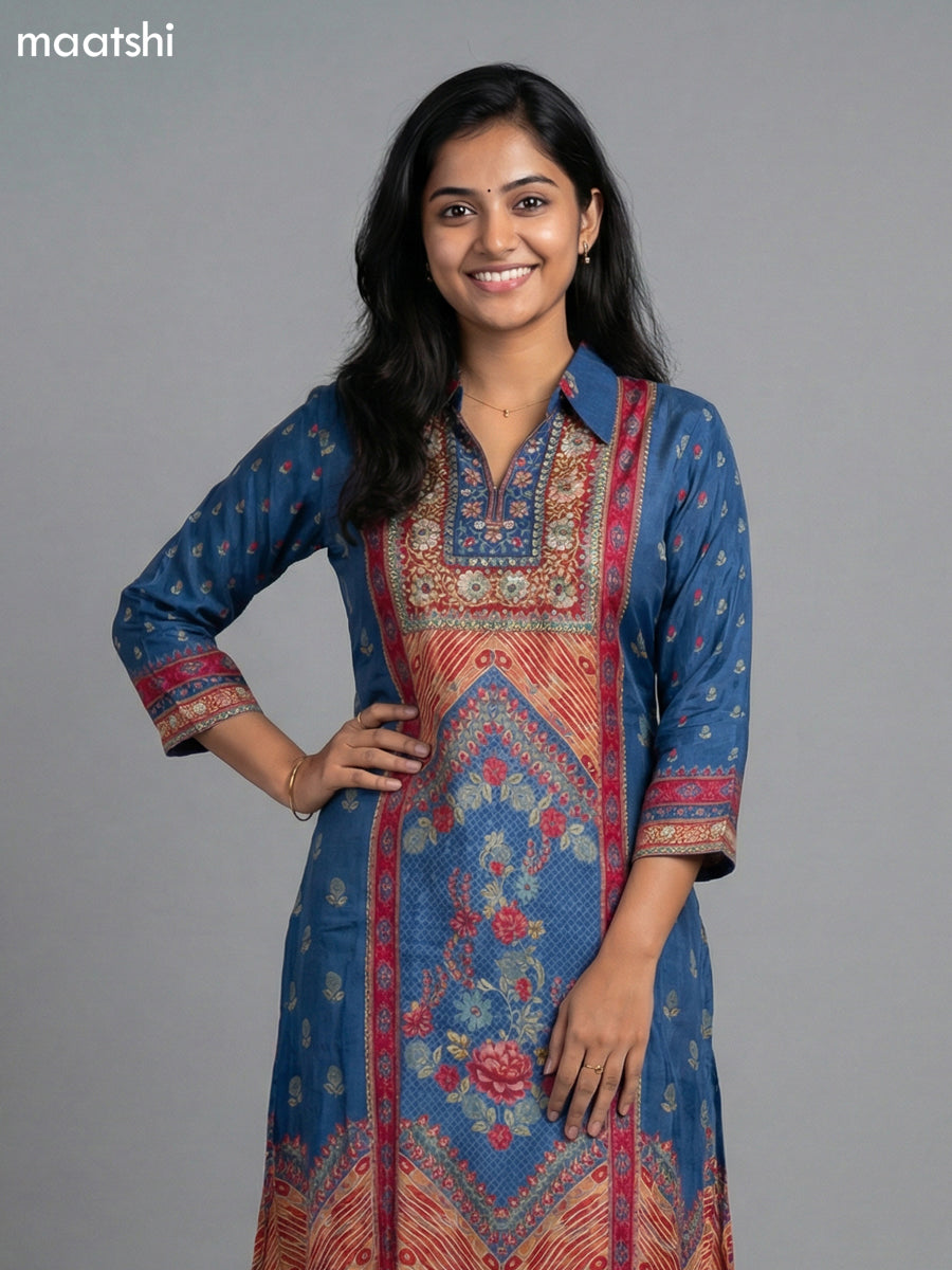 Blue Crepe Slik Floral Printed Kurti Set Semi Palazzo Pant