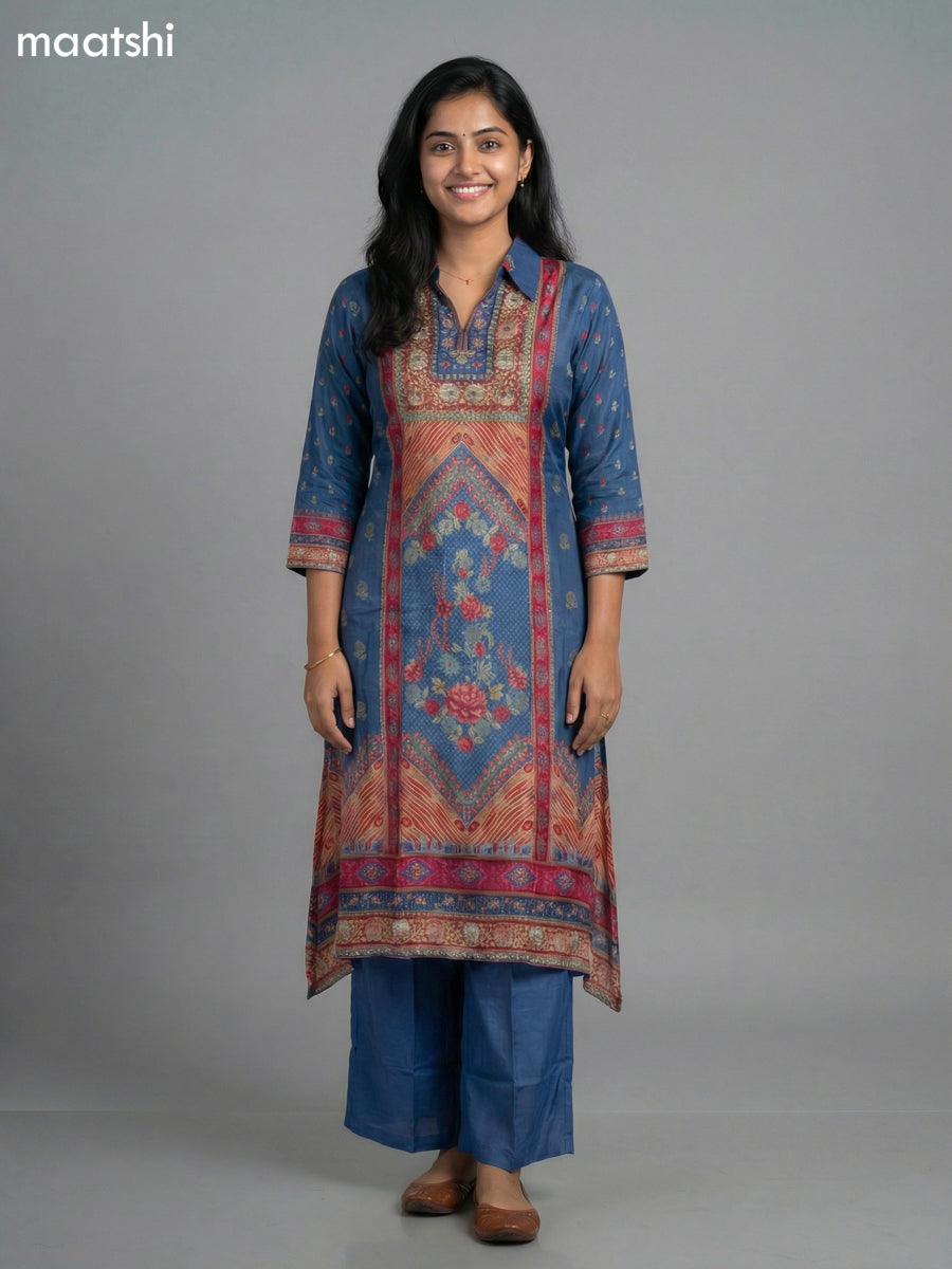 Blue Crepe Slik Floral Printed Kurti Set Semi Palazzo Pant
