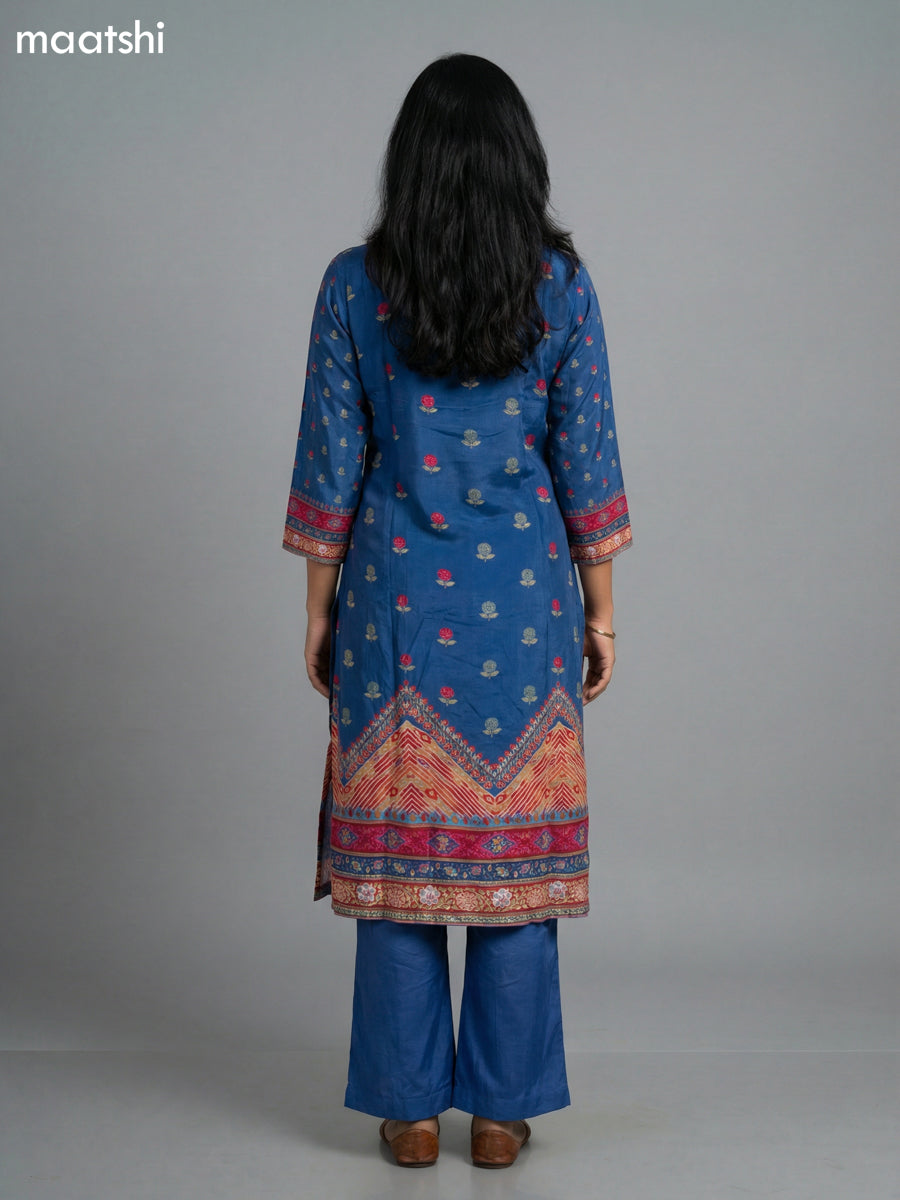 Blue Crepe Slik Floral Printed Kurti Set Semi Palazzo Pant
