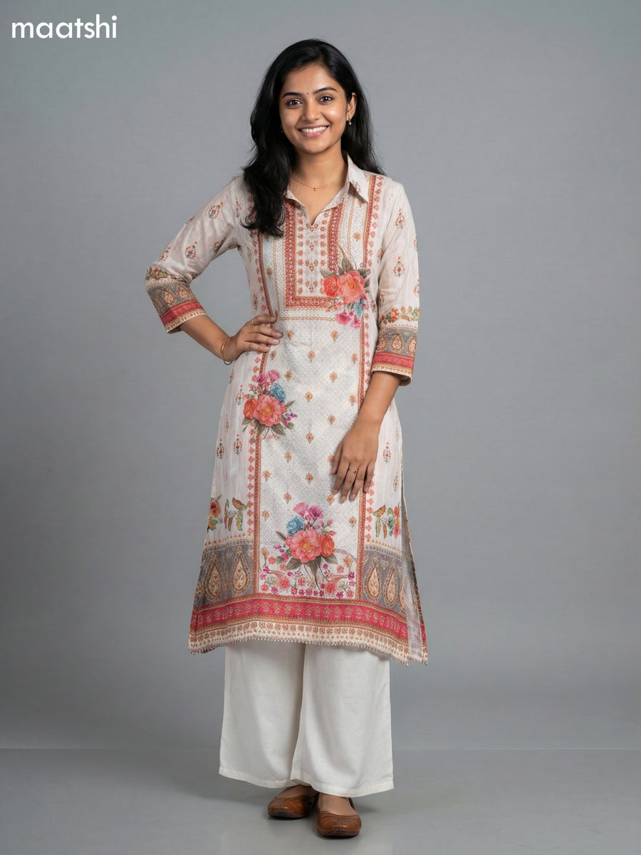 Off White Crepe Slik Floral Printed Kurti Set Semi Palazzo Pant