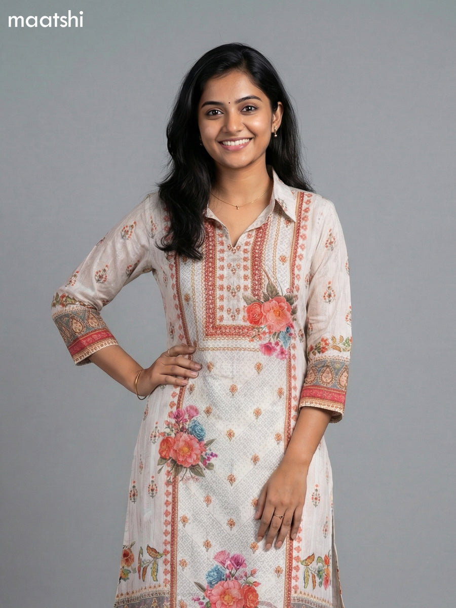 Off White Crepe Slik Floral Printed Kurti Set Semi Palazzo Pant
