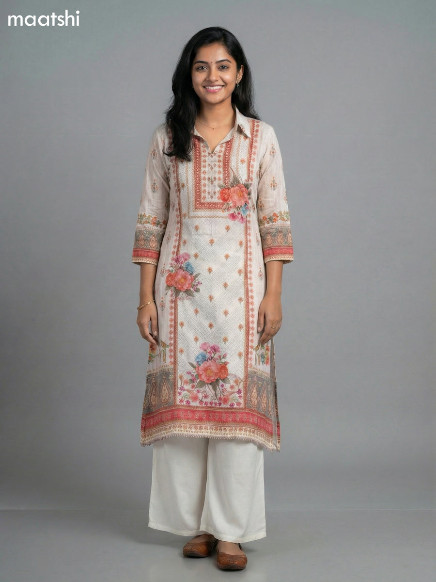 Off White Crepe Slik Floral Printed Kurti Set Semi Palazzo Pant