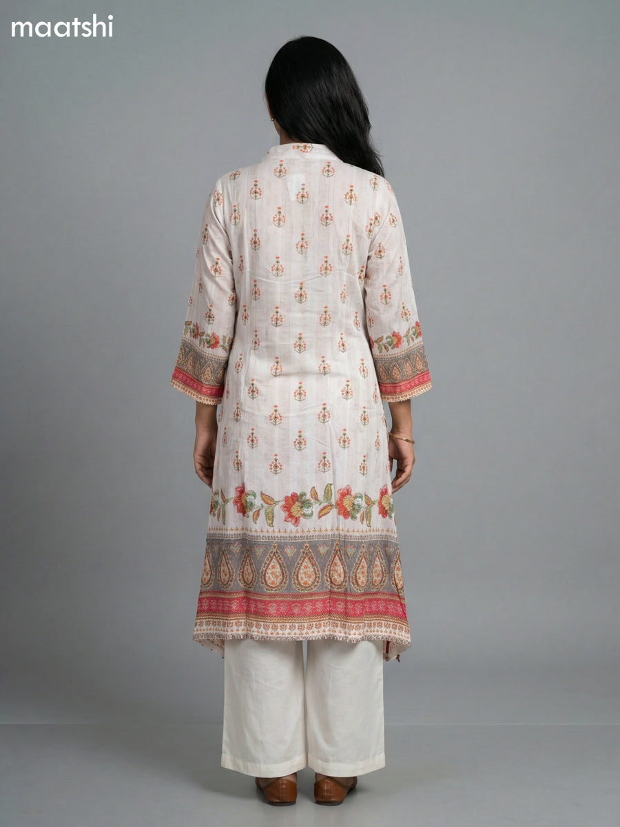 Off White Crepe Slik Floral Printed Kurti Set Semi Palazzo Pant
