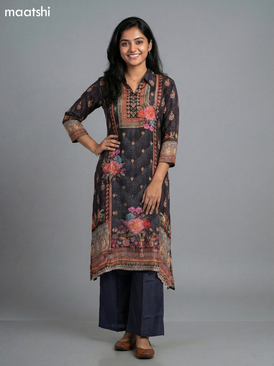 Black Crepe Slik Floral Printed Kurti Set Semi Palazzo Pant