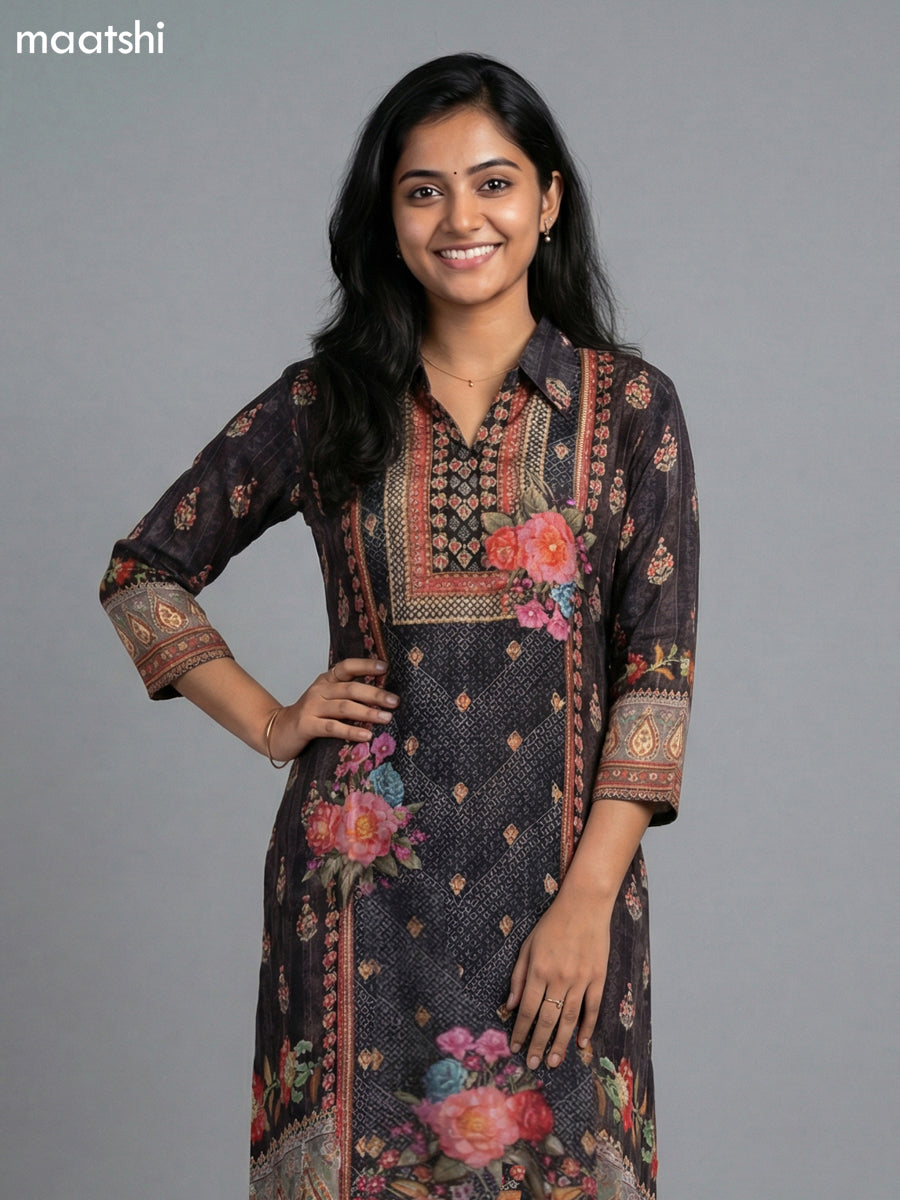 Black Crepe Slik Floral Printed Kurti Set Semi Palazzo Pant