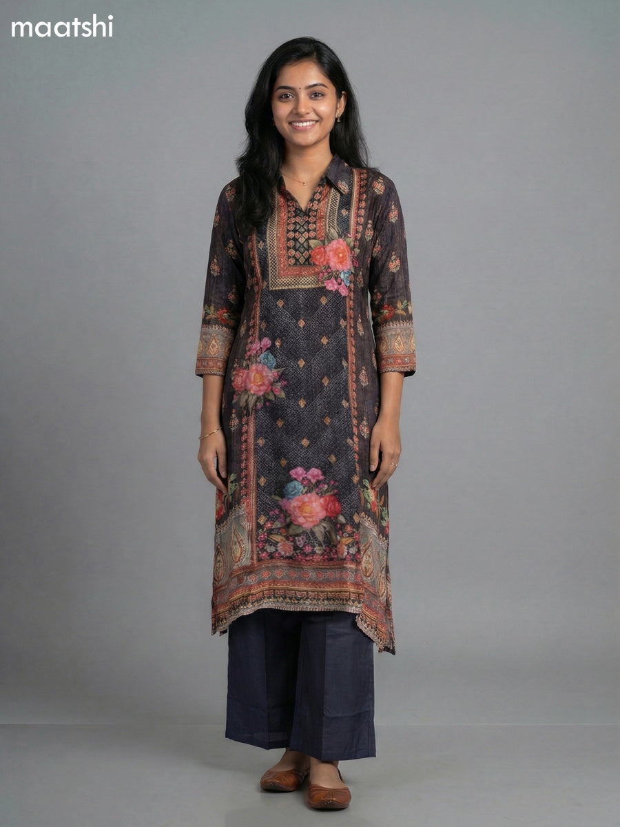 Black Crepe Slik Floral Printed Kurti Set Semi Palazzo Pant