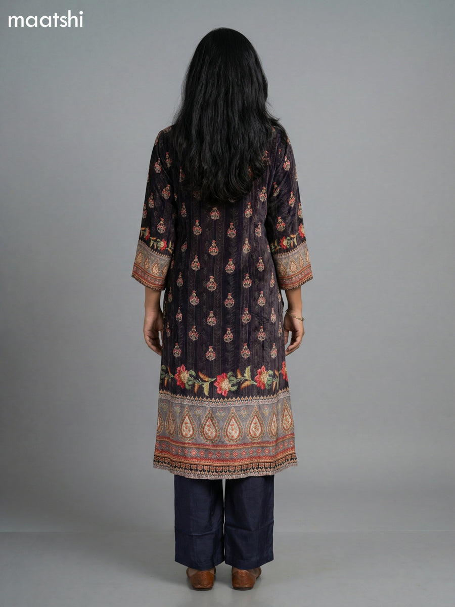 Black Crepe Slik Floral Printed Kurti Set Semi Palazzo Pant