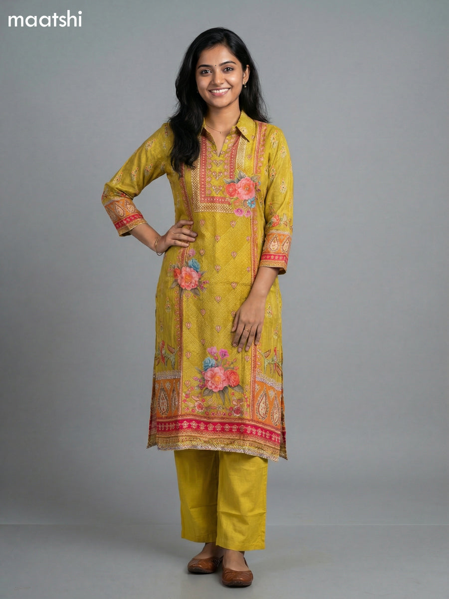 Lime Green Crepe Slik Floral Printed Kurti Set Semi Palazzo Pant