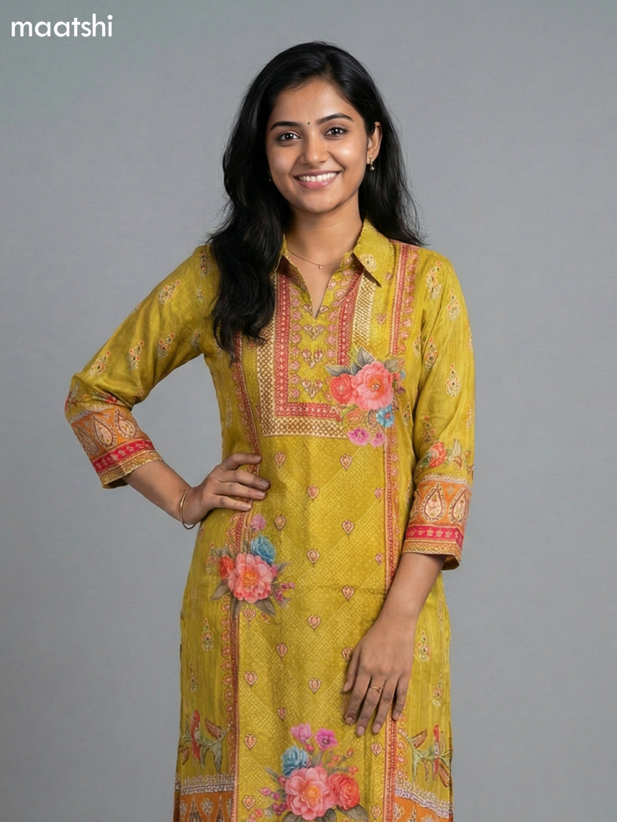 Lime Green Crepe Slik Floral Printed Kurti Set Semi Palazzo Pant