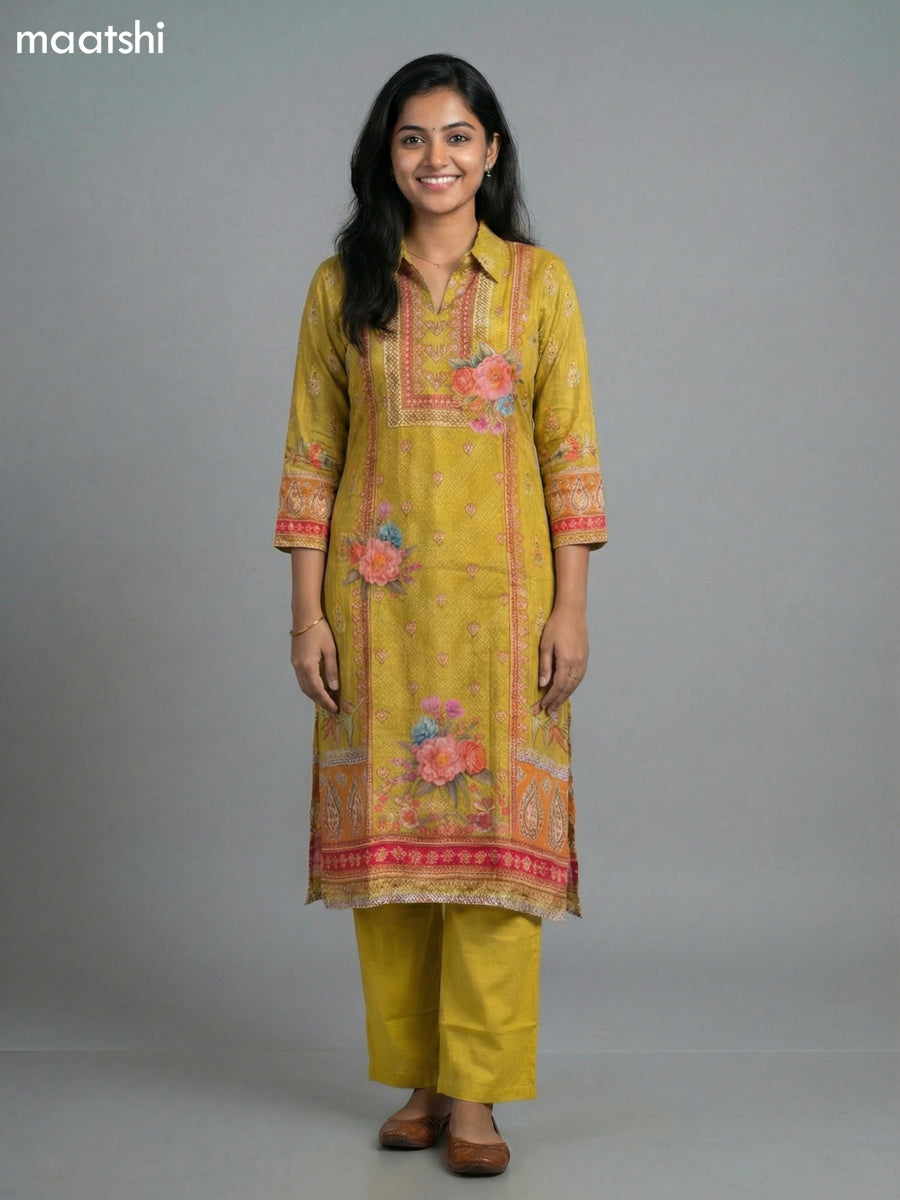 Lime Green Crepe Slik Floral Printed Kurti Set Semi Palazzo Pant