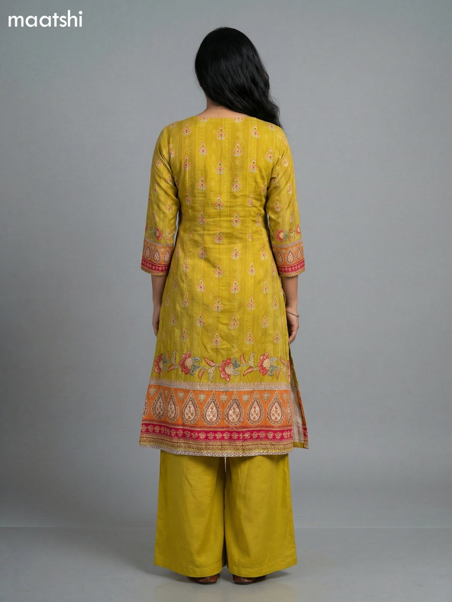 Lime Green Crepe Slik Floral Printed Kurti Set Semi Palazzo Pant