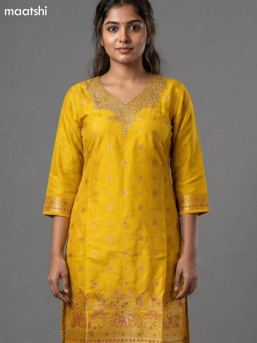 Yellow and Pink Art Tussar Zari Buttas & Sequin Work Straight Suit