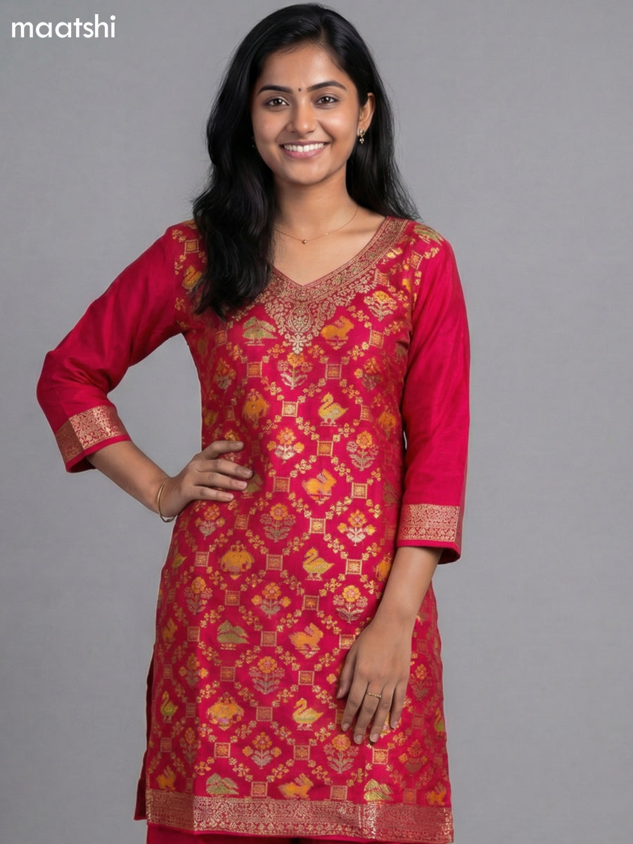 Pink Art Tussar Thread & Zari Weaves Straight Suit